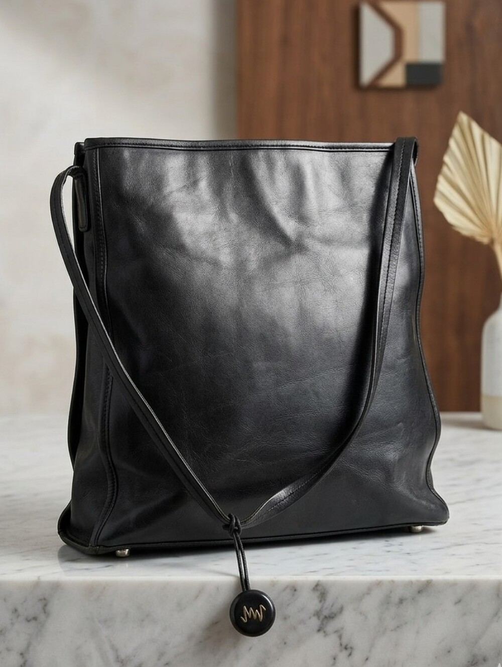 Vintage Monsac Original Black Leather Shoulder Bag 90s Minimalist Tote Purse Vtg
